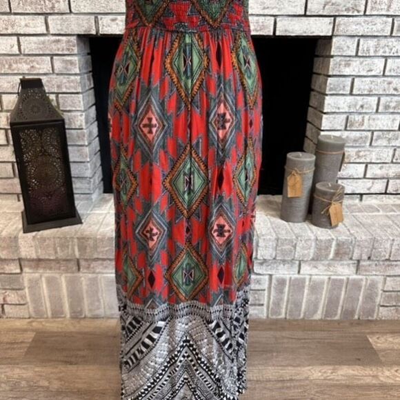 Angie Abstract Tank Bohemian Boho Maxi Sun Dress Black Red Medium Southwestern - Picture 10 of 11